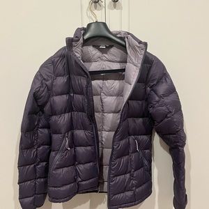 This is a cute REI plum puffer coat with a lavender inside coat.  It’s
